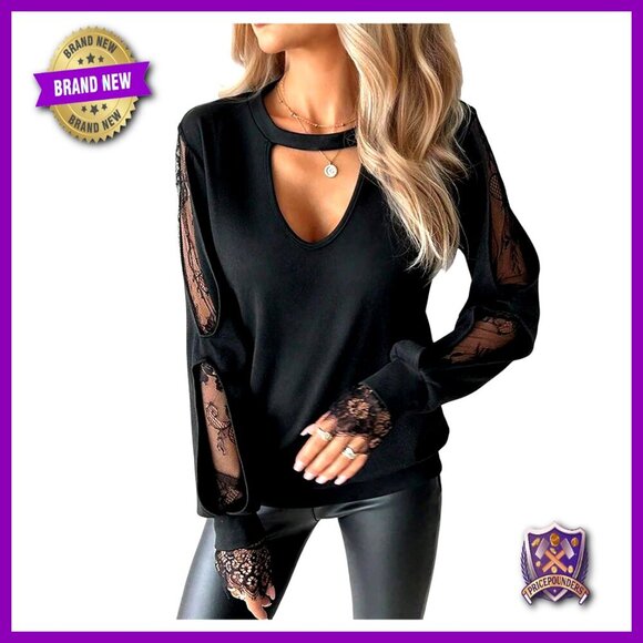 Tops - Plus Size Floral Lace Cut Out Long Sleeve T-Shirt Blouse